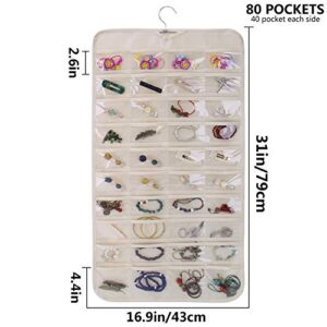 SPIKG Hanging Jewelry Organizer Holder , Storage Bag for Earrings Necklace Bracelet Ring Accessory Display Holder Box (Beige -80 Pockets)