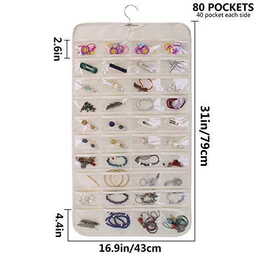 SPIKG Hanging Jewelry Organizer Holder , Storage Bag for Earrings Necklace Bracelet Ring Accessory Display Holder Box (Beige -80 Pockets)