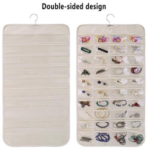 SPIKG Hanging Jewelry Organizer Holder , Storage Bag for Earrings Necklace Bracelet Ring Accessory Display Holder Box (Beige -80 Pockets)