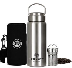 all-purpose travel mug and tumbler | tea infuser water bottle | fruit infused flask | hot & cold double wall stainless steel coffee thermos | by here & now supply co. (750 ml (25.3 oz))