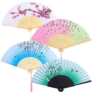 aneco 4 pieces folding fans bamboo handheld fans silk fabric fans hand holding fans for wedding, party, gifts, wall decoration