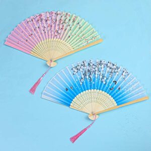 Aneco 4 Pieces Folding Fans Bamboo Handheld Fans Silk Fabric Fans Hand Holding Fans for Wedding, Party, Gifts, Wall Decoration