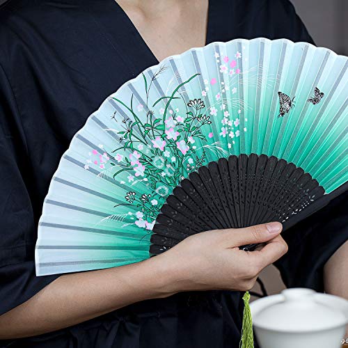 Aneco 4 Pieces Folding Fans Bamboo Handheld Fans Silk Fabric Fans Hand Holding Fans for Wedding, Party, Gifts, Wall Decoration