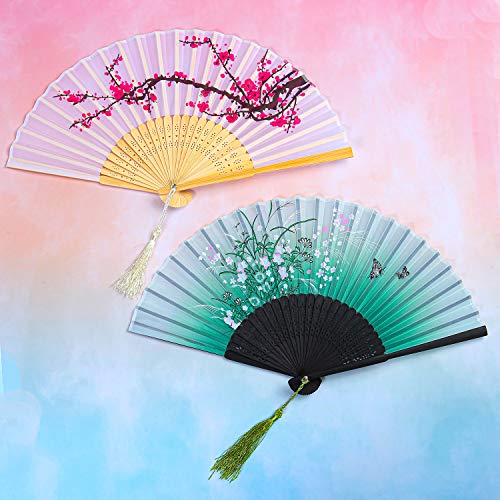 Aneco 4 Pieces Folding Fans Bamboo Handheld Fans Silk Fabric Fans Hand Holding Fans for Wedding, Party, Gifts, Wall Decoration