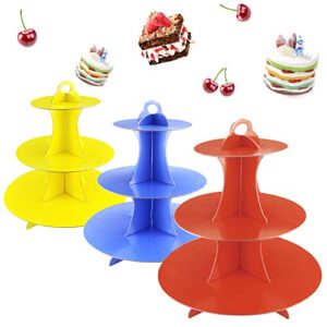 Faxco 3 Pack 3-Tier Colorful Round Cardboard Cup Cake Holder Stand Dessert Tower, Reusable Pastry Serving Platter Food Display, Birthday Wedding Special Event Decoration