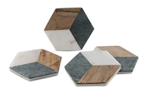 gocraft hexagon geometric coasters | handcrafted geometric coasters with green for your drinks, beverages & wine/bar glasses | green marble & wood inlay on white marble base (set of 4)
