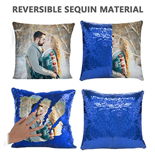 Custom Pillow, 16"x16"Personalized Custom Photo Sequin Pillow with Your Photos(Including Pillow Insertion) - Wedding Keepsake Pillow Magic Reversible Home Decor Personalized Customized Gifts (Blue)