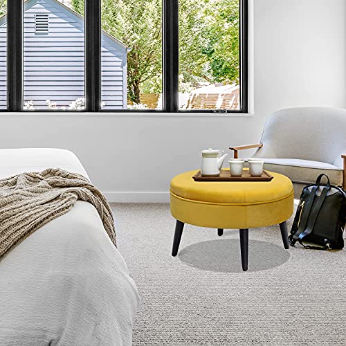 Homebeez 23" Round Velvet Footrest Stool, Upholstered Ottoman Coffee Table, Button Tufted Padded Foot Stools with Solid Wood Legs, Glassy Yellow