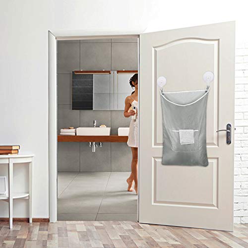 Comeve Open Top Door Hanging Laundry Hamper Bag, Space Saving Wall Hanging Laundry Bag with 2 Door Hooks, Large Laundry Basket for Closet, Travel, Storage (Grey)