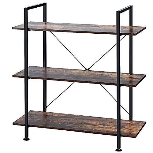 Giantex 3-Tier Bookshelf Industrial Style Bookcase Vintage Wood Bookshelves with Metal Frame, Home and Office Organizer, Storage and Display Rack, Rustic Brown