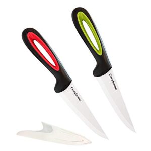 cerahome ceramic knife super sharp 4-inch utility knife fruit paring knife set with sheath, kitchen knives sets for cutting boneless meats, sashimi, fruits and vegetables (red+green)