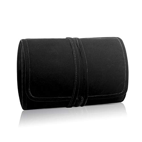 Teamoy Velvet Travel Jewelry Roll, Jewelry Storage Bag Organizer for Necklaces, Earrings, Bracelets, Rings, Brooches and More, Compact and Easy to Carry (Large, Velvet- Black)