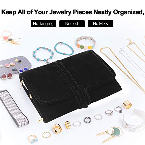 Teamoy Velvet Travel Jewelry Roll, Jewelry Storage Bag Organizer for Necklaces, Earrings, Bracelets, Rings, Brooches and More, Compact and Easy to Carry (Large, Velvet- Black)