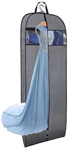 misslo gusseted 60" dress garment bag hanging clothes cover with clear window zipper pocket for long coat, full-length wedding gown, closet, travel, luggage (grey)