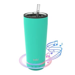 zak designs zak! play bluetooth tumbler with straw and wireless speaker, slider lid, double-wall stainless steel and vacuum insulation, removable rechargeable bluetooth speaker