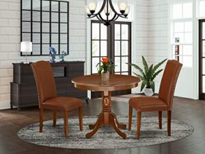 east west furniture anen3-mah-66 3pc rounded 36 inch dining table and 2 parson chair with mahogany leg and brown flaux leather, 3