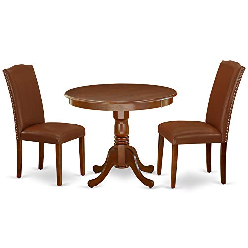 East West Furniture ANEN3-MAH-66 3Pc Rounded 36 Inch Dining Table And 2 Parson Chair With Mahogany Leg And Brown Flaux Leather, 3