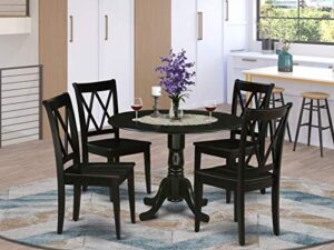 east west furniture dlcl5-blk-w 5pc round 42" dining room table with two 9-inch drop leaves and four wood seat chairs, 5