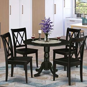 East West Furniture DLCL5-BLK-W 5Pc Round 42" Dining Room Table With Two 9-Inch Drop Leaves And Four Wood Seat Chairs, 5