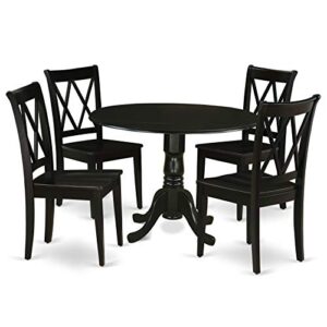 East West Furniture DLCL5-BLK-W 5Pc Round 42" Dining Room Table With Two 9-Inch Drop Leaves And Four Wood Seat Chairs, 5