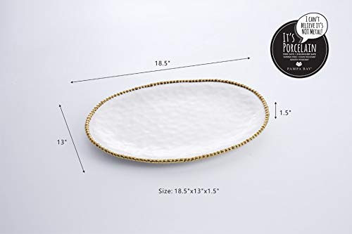 Pampa Bay Porcelain Large Oval Thanksgiving, Christmas, Hannukah, and Holiday and Party Serving Platter (White and Gold)