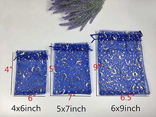 ANSLEY SHOP 100PCS Sheer Organza Bag Moon Star Design Pouches Jewelry Candy Bags Party Wedding Favor Gift Bags Packaging Drawstring Bags (4 x 6 Inch, Royal Blue)