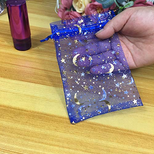 ANSLEY SHOP 100PCS Sheer Organza Bag Moon Star Design Pouches Jewelry Candy Bags Party Wedding Favor Gift Bags Packaging Drawstring Bags (4 x 6 Inch, Royal Blue)