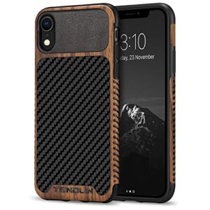 TENDLIN Compatible with iPhone XR Case Wood Grain with Carbon Fiber Texture Design Leather Hybrid Slim Case Compatible with iPhone XR (Carbon & Leather & Wood)