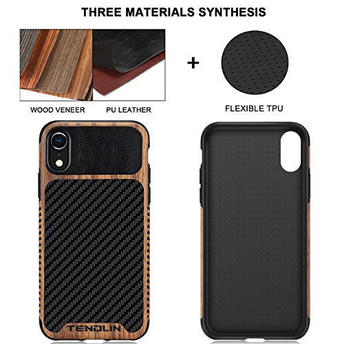 TENDLIN Compatible with iPhone XR Case Wood Grain with Carbon Fiber Texture Design Leather Hybrid Slim Case Compatible with iPhone XR (Carbon & Leather & Wood)