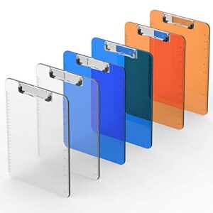 plastic clipboard (set of 6) multi pack letter size a4 colorful clipboards with hangable low profile clip and side ruler, durable and cute, office supply, 9x12.5 in assorted (clear, blue, orange)