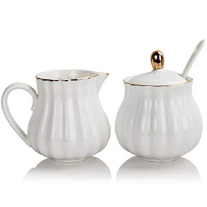 sweejar royal ceramic sugar and creamer set, 3 piece set with cream pitcher, sugar bowl, sugar set with lid & spoon, coffee serving set wedding gift(white)