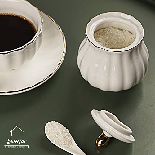 SWEEJAR Royal Ceramic Sugar and Creamer Set, 3 Piece Set with Cream Pitcher, Sugar Bowl, Sugar Set with Lid & Spoon, Coffee Serving Set Wedding Gift(White)