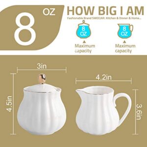 SWEEJAR Royal Ceramic Sugar and Creamer Set, 3 Piece Set with Cream Pitcher, Sugar Bowl, Sugar Set with Lid & Spoon, Coffee Serving Set Wedding Gift(White)