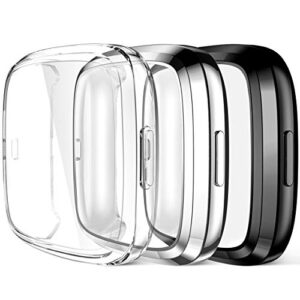maledan screen protector case compatible with fitbit versa 2 smartwatch, 3 pack full protective case cover scratch resistant shock absorbing for versa 2 accessories, clear/black/silver