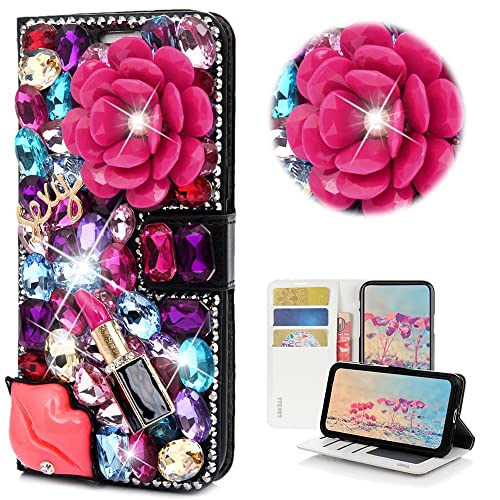 STENES Bling Wallet Phone Case Compatible with Samsung Galaxy Note 10 Plus - Stylish - 3D Handmade Crystal Rose Sexy Lips Lipstick Magnetic Wallet Leather Cover with Neck Strap Lanyard [3 Pack] - Red