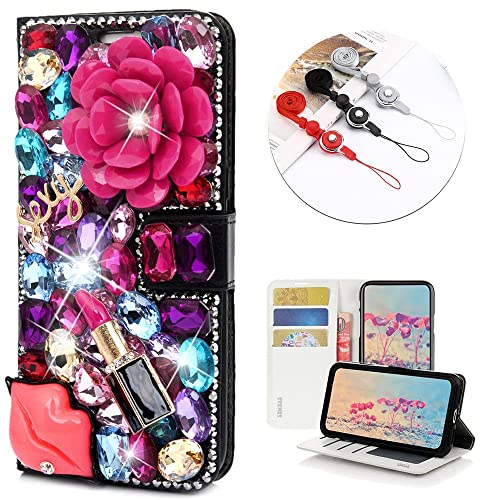 STENES Bling Wallet Phone Case Compatible with Samsung Galaxy Note 10 Plus - Stylish - 3D Handmade Crystal Rose Sexy Lips Lipstick Magnetic Wallet Leather Cover with Neck Strap Lanyard [3 Pack] - Red