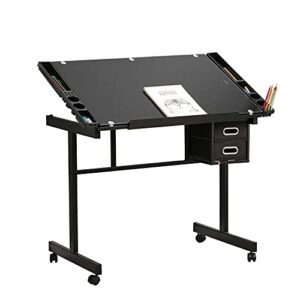 sogeshome adjustable drafting table, drawing board art & craft desk folding art desk, with side tray, 4 universal lockable casters, black
