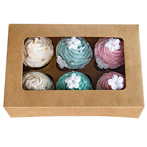 ONE MORE Cupcake Boxes with Inserts 6 Holders,9x6x3inch Large Brown Kraft Standard Bakery Boxes with Window Food Grade Cake Carrier Container for Muffins Gift Treat Box Bulk,Pack of 15