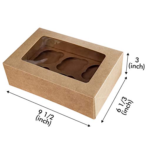 ONE MORE Cupcake Boxes with Inserts 6 Holders,9x6x3inch Large Brown Kraft Standard Bakery Boxes with Window Food Grade Cake Carrier Container for Muffins Gift Treat Box Bulk,Pack of 15