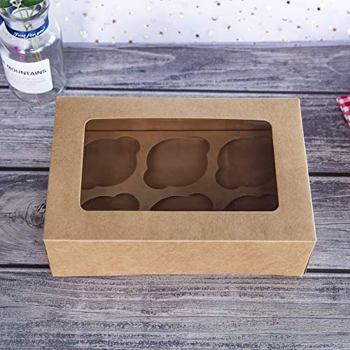 ONE MORE Cupcake Boxes with Inserts 6 Holders,9x6x3inch Large Brown Kraft Standard Bakery Boxes with Window Food Grade Cake Carrier Container for Muffins Gift Treat Box Bulk,Pack of 15