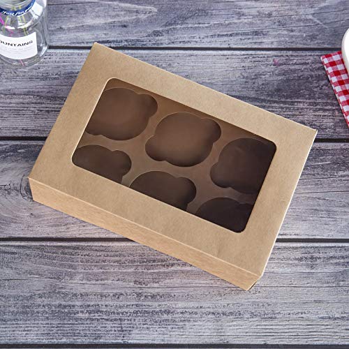 ONE MORE Cupcake Boxes with Inserts 6 Holders,9x6x3inch Large Brown Kraft Standard Bakery Boxes with Window Food Grade Cake Carrier Container for Muffins Gift Treat Box Bulk,Pack of 15