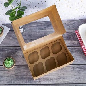 ONE MORE Cupcake Boxes with Inserts 6 Holders,9x6x3inch Large Brown Kraft Standard Bakery Boxes with Window Food Grade Cake Carrier Container for Muffins Gift Treat Box Bulk,Pack of 15