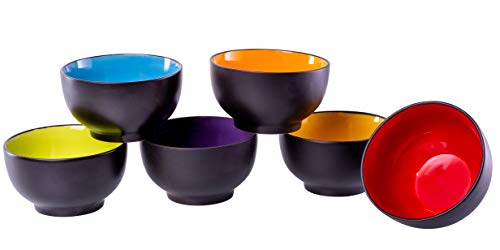 Klikel 6 Pack of Soup Bowls - Dishwasher And Microwave Safe Ceramic Bowl Set - Black With Color Inside - Large 18oz - 5 1/2 Inch Round