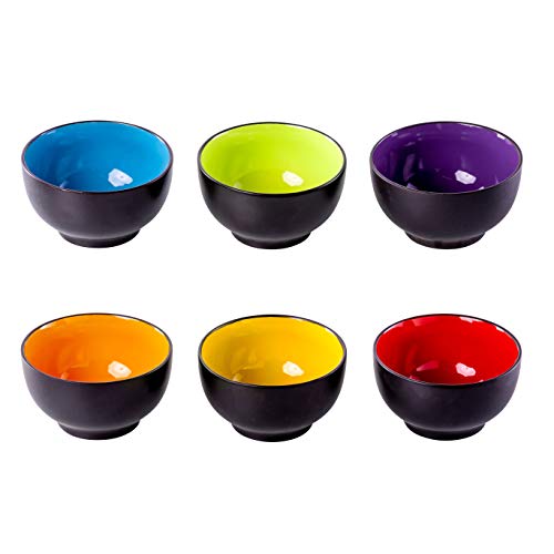 Klikel 6 Pack of Soup Bowls - Dishwasher And Microwave Safe Ceramic Bowl Set - Black With Color Inside - Large 18oz - 5 1/2 Inch Round