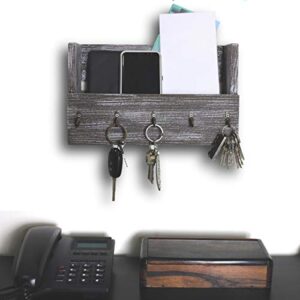 WRIGHTMART Wall Mounted Rustic Wooden Organizer Key & Mail Holder, Includes Command Hooks for Hanging Keys, Space for Phone, Wallet, Purse, Jewelry - Home Décor, Handmade, Whitewash Finish