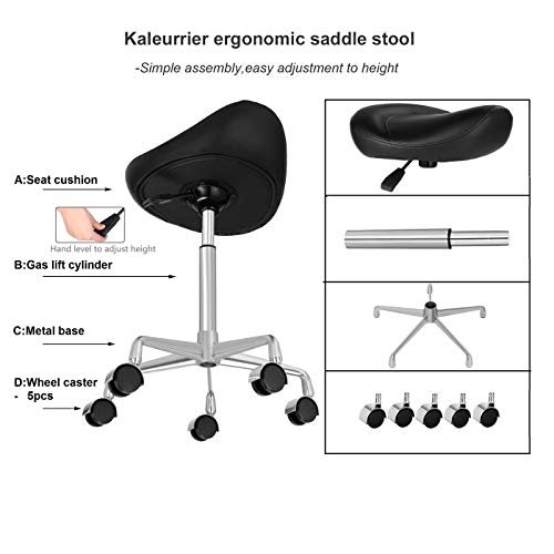 Kaleurrier Ergonomic Rolling Swivel Saddle Stool with Wheels,Hydraulic Pneumatic Lifting Height Adjustable Lightweight Chair for Clinic Hair Salon Massage Lab Kitchen Home Office (Black, Without Back)