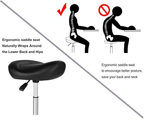 Kaleurrier Ergonomic Rolling Swivel Saddle Stool with Wheels,Hydraulic Pneumatic Lifting Height Adjustable Lightweight Chair for Clinic Hair Salon Massage Lab Kitchen Home Office (Black, Without Back)