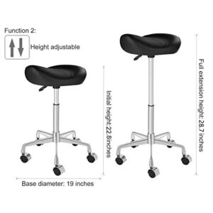 Kaleurrier Ergonomic Rolling Swivel Saddle Stool with Wheels,Hydraulic Pneumatic Lifting Height Adjustable Lightweight Chair for Clinic Hair Salon Massage Lab Kitchen Home Office (Black, Without Back)