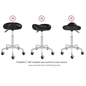 Kaleurrier Ergonomic Rolling Swivel Saddle Stool with Wheels,Hydraulic Pneumatic Lifting Height Adjustable Lightweight Chair for Clinic Hair Salon Massage Lab Kitchen Home Office (Black, Without Back)