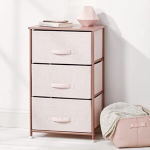 mDesign Steel Top and Frame Storage Dresser Tower Unit with 3 Removable Fabric Drawers for Bedroom, Living Room, or Bathroom - Holds Clothes, Accessories, Lido Collection - Light Pink/Rose Gold